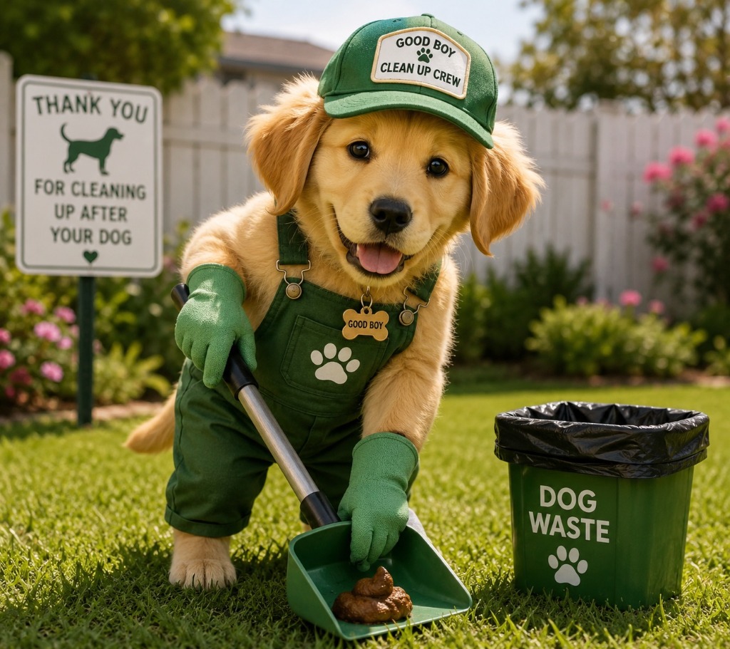 A cute golden retriever puppy dressed in green overalls and a green cap that says 'GOOD BOY CLEAN UP CREW', scooping dog waste into a green scoop next to a dog waste bin on a clean lawn